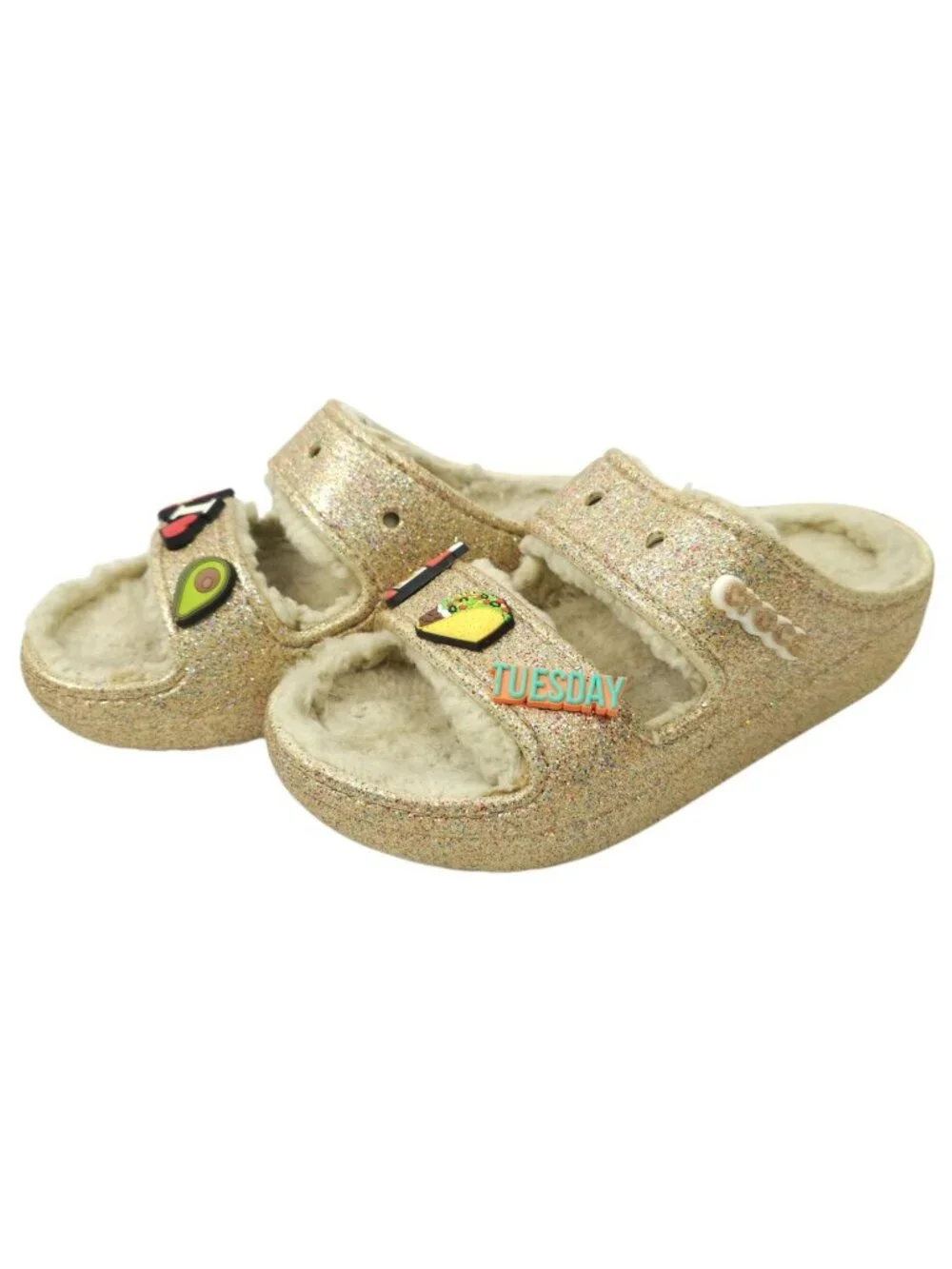 Crocs Classic Cozzzy Glitter Sandals Women 7 Gold Fuzzy Lined Slide Taco Jibbitz